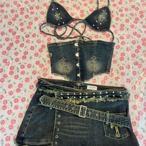 Denim Corset and Skirt Set with Studded Details